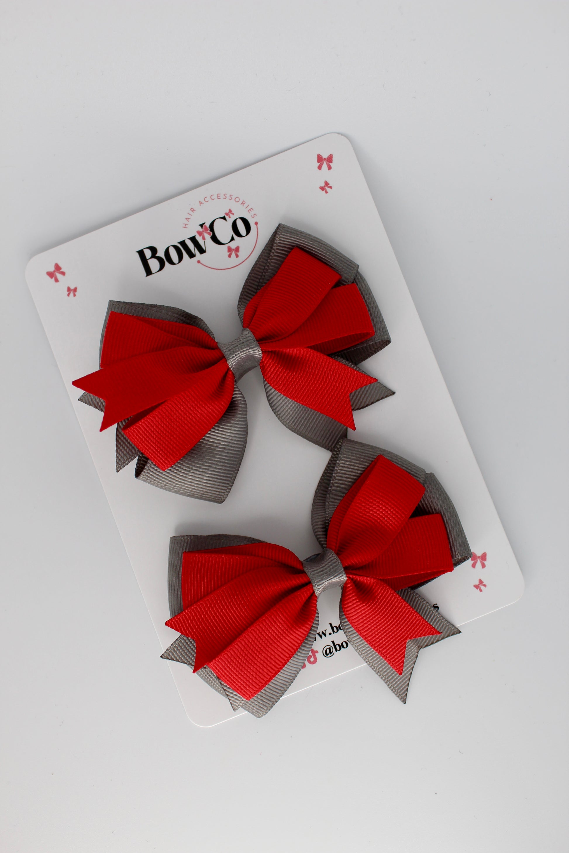 3 Inch Double Tail Bow - Clip - 2 Pack - Red and Metal Grey