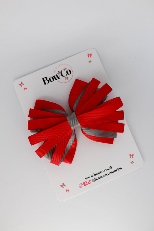 4 Inch Spiral Bow - 4 Inches - Clip - Red and Metal Grey