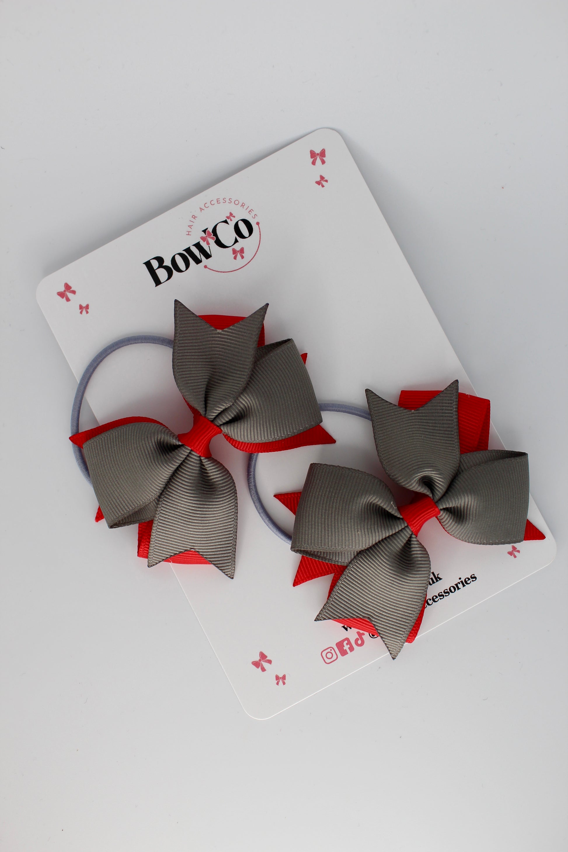 Red and Metal Grey - Layer Tail Bow Set - Elastic