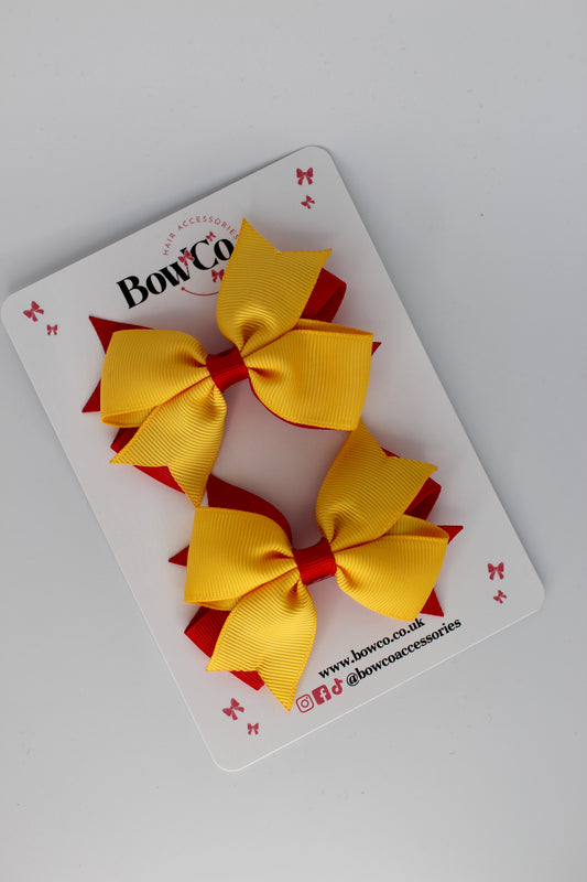 3 Inch Layer Tail Bow - Clip - 2 Pack - Red and Yellow Gold
