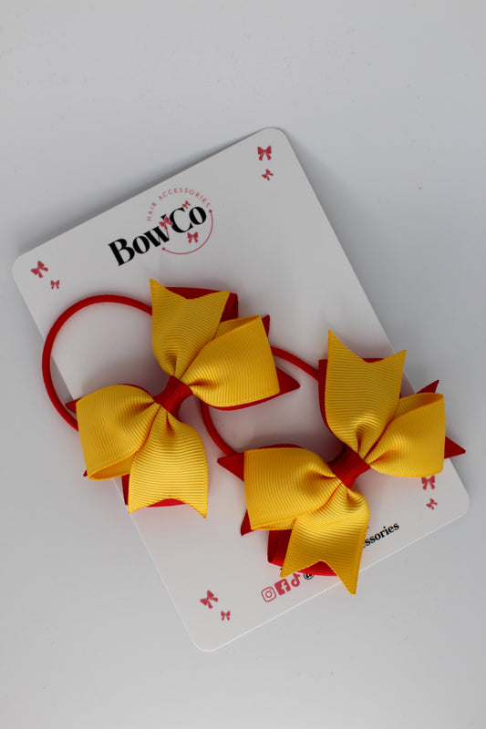 3 Inch Layer Tail Bow - Elastic Bobble - 2 Pack - Red and Yellow Gold