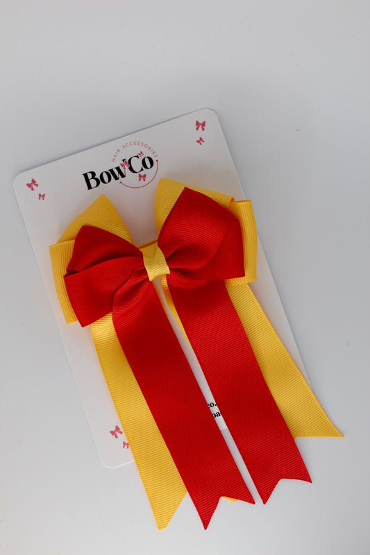 4.5 Inch Ponytail Large Double Tail Bow - Red and Yellow Gold