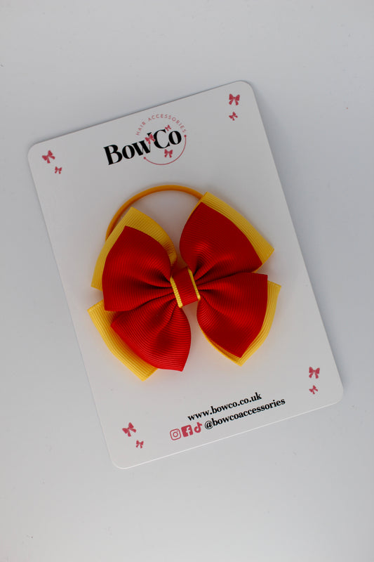 3 Inch Layer Edge Bow - Elastic Bobble - Red and Yellow Gold