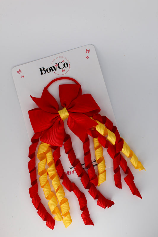 3 Inch Pinwheel Corker Bow- Elastic Bobble - Red and Yellow Gold