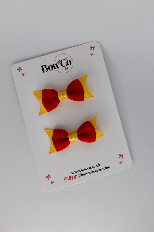 2.5 Inch Layer Tail Bow - Clip - 2 Pack - Red and Yellow Gold