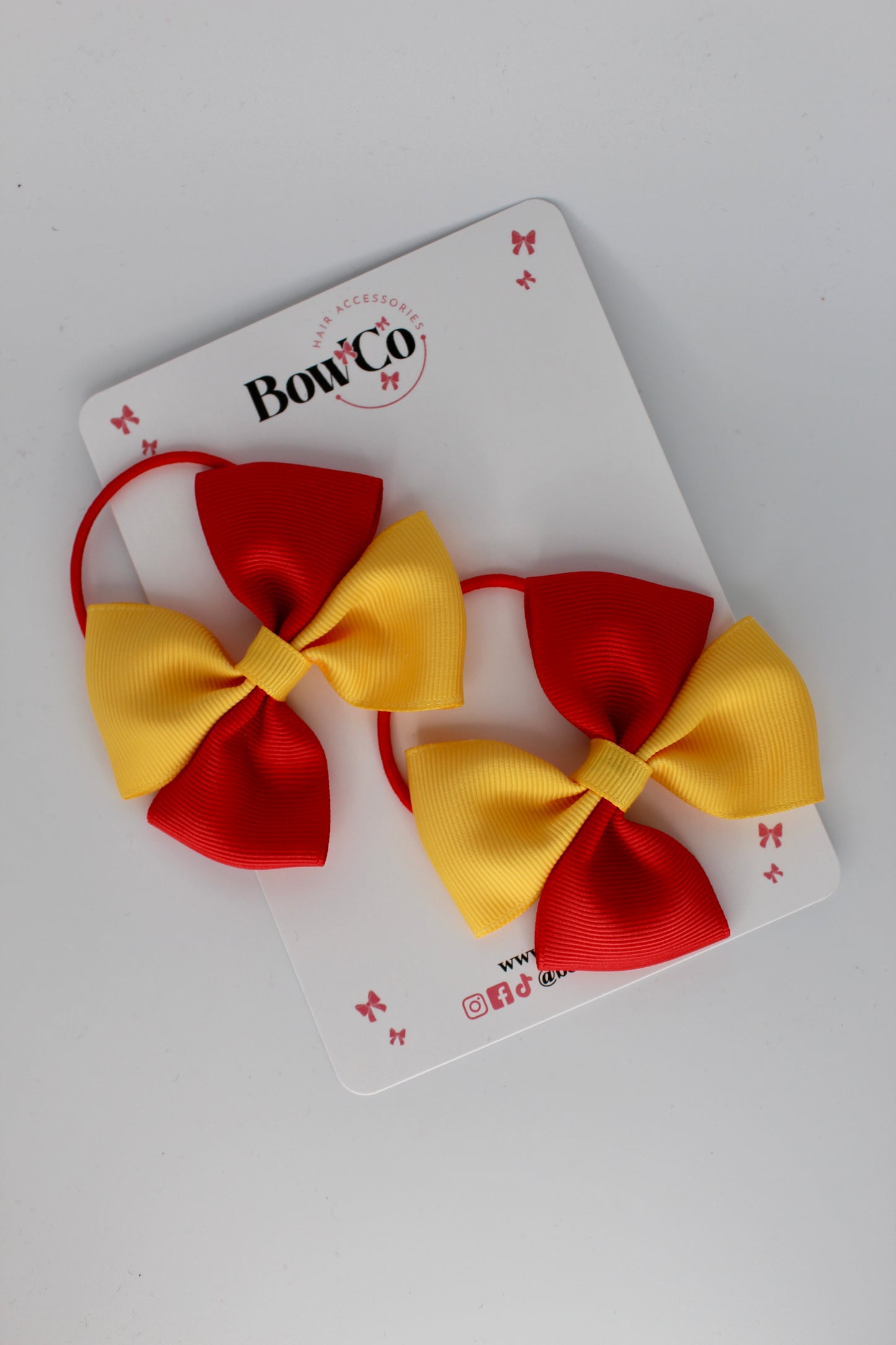 3 Inch Twist Bow - 2 Pack - Elastic Band - Red and Yellow Gold