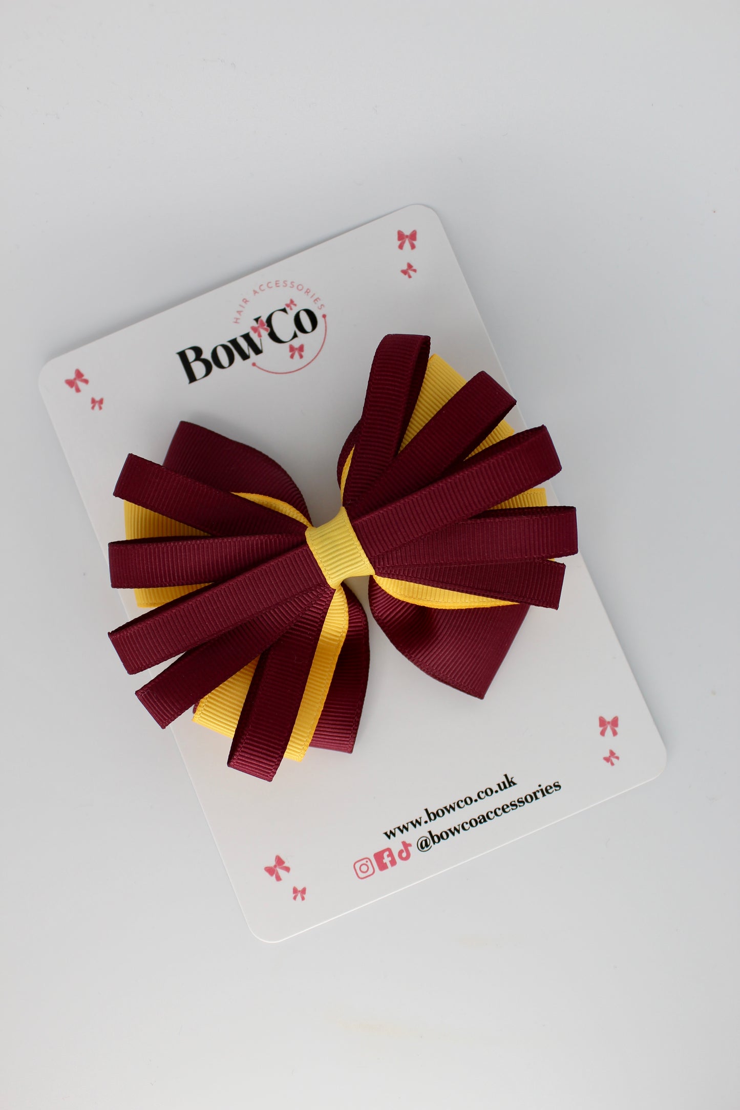 4 Inch Spiral Bow - 4 Inches - Clip - Burgundy and Yellow Gold