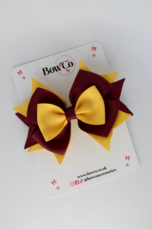 3.5 Inches Layer Bow - Clip - Burgundy and Yellow Gold