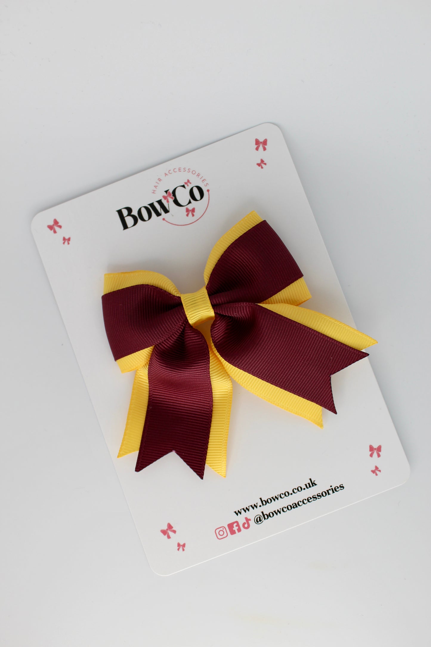 3 Inch Tail Bow Clip - Burgundy and Yellow Gold