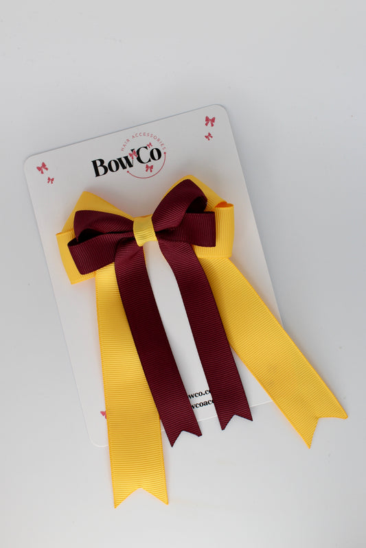 4.5 Inch Ponytail Double Bow - Burgundy and Yellow Gold