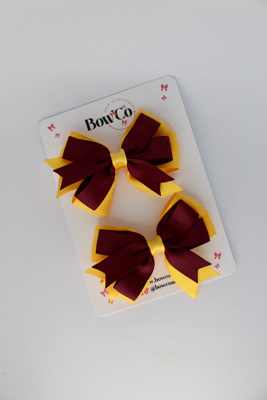 3 Inch Double Tail Bow - Clip - 2 Pack - Burgundy and Yellow Gold