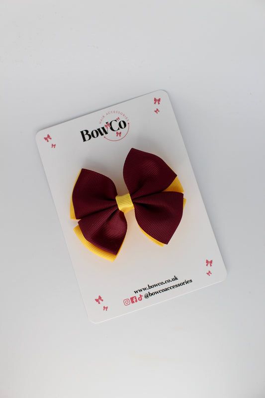 3 Inch Double Layer Bow - Clip - 2 Pack - Burgundy and Yellow Gold