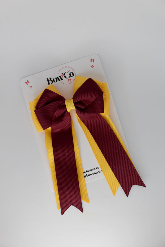 4.5 Inch Ponytail Large Double Tail Bow - Burgundy and Yellow Gold