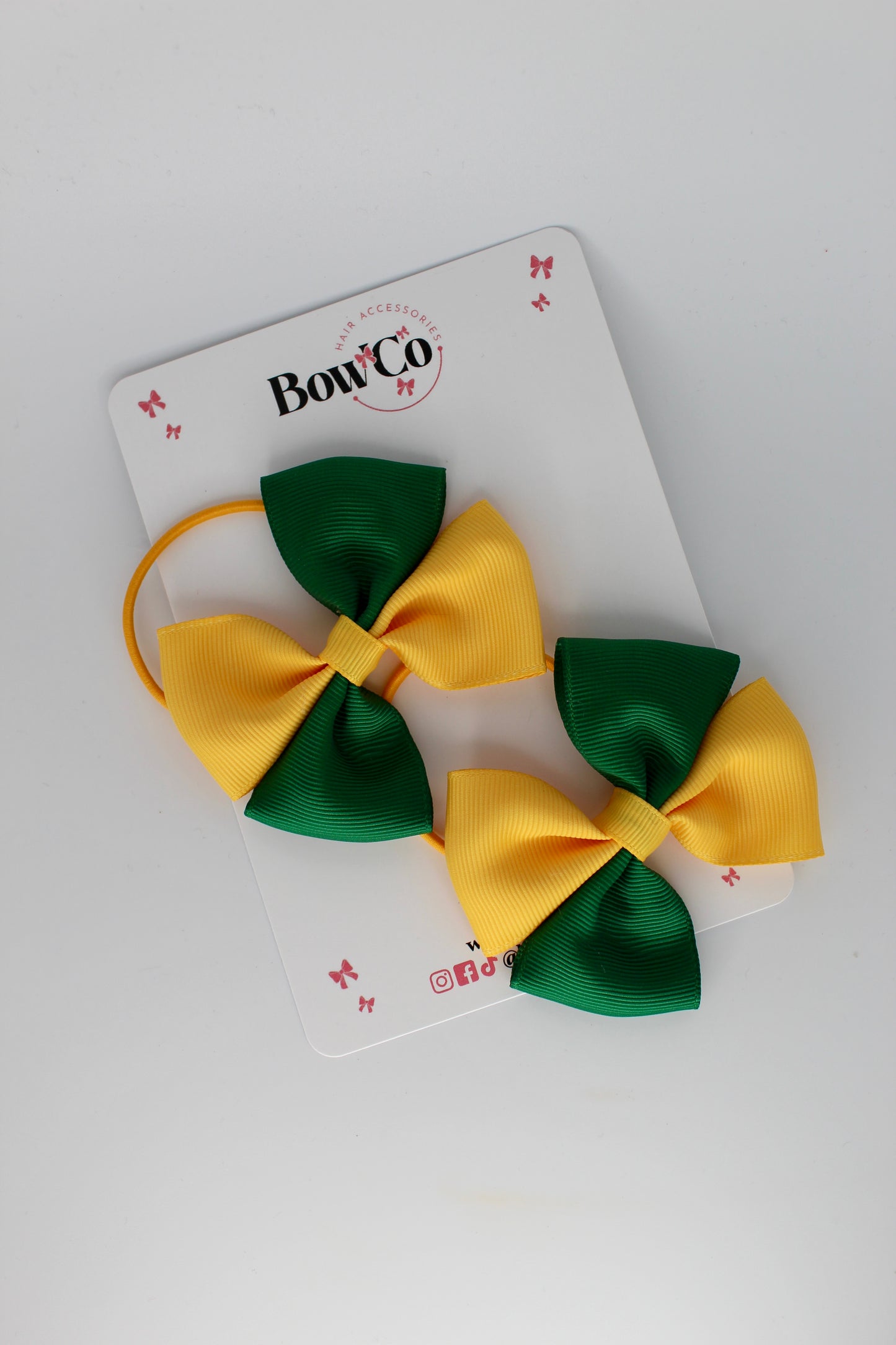 3 Inch Twist Bow - 2 Pack - Elastic Band - Forest Green and Yellow Gold