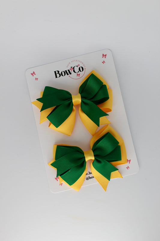 Double Tail Bow Set - Clip - Forest Green and Yellow Gold