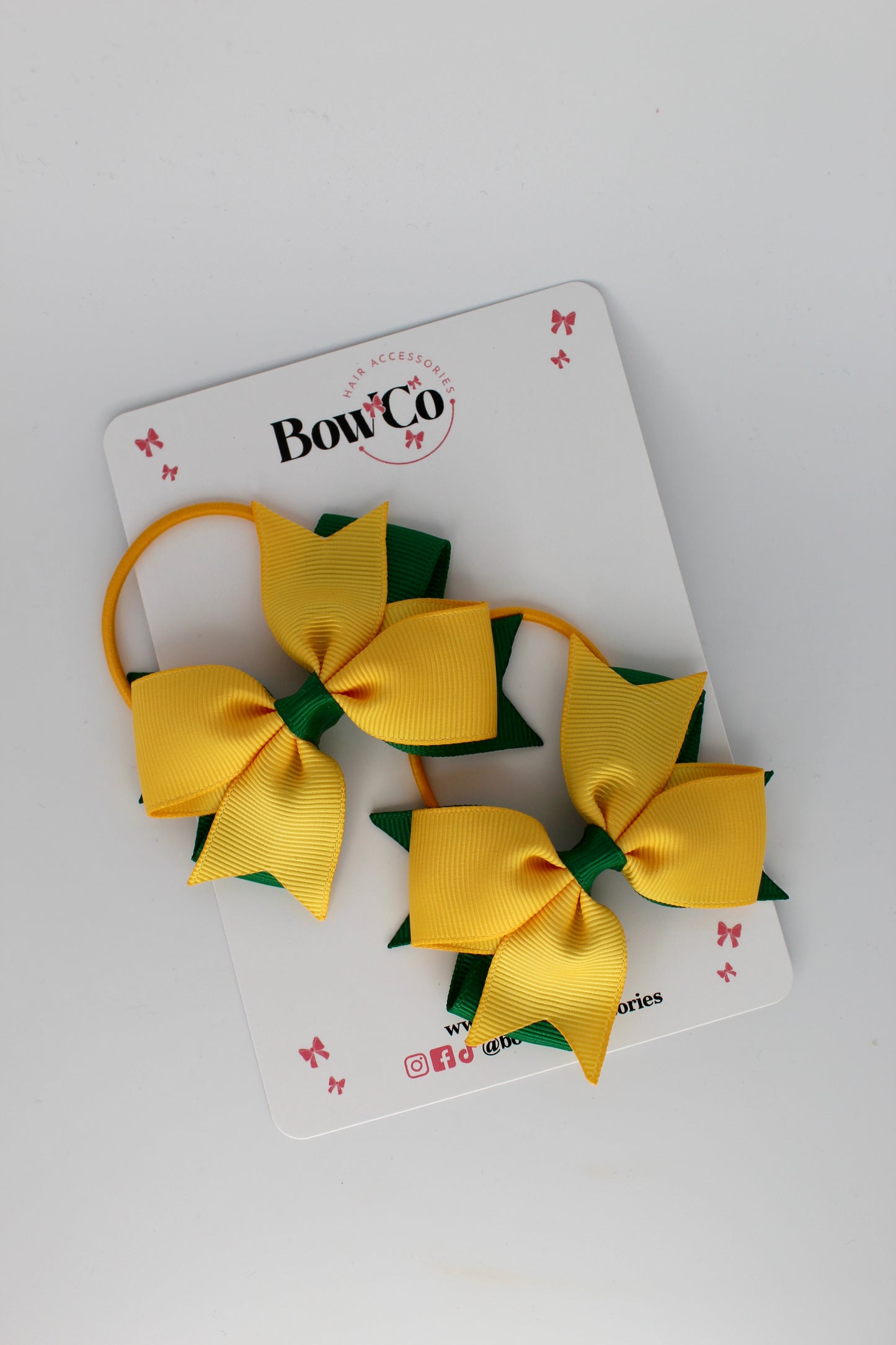 3 Inch Layer Tail Bow - Elastic Bobble - 2 Pack - Forest Green and Yellow Gold