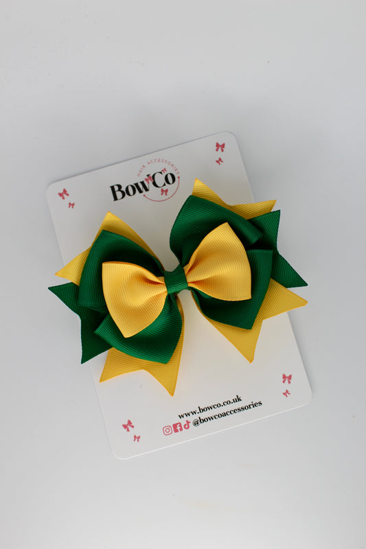 3.5 Inches Layer Bow - Clip - Forest Green and Yellow Gold