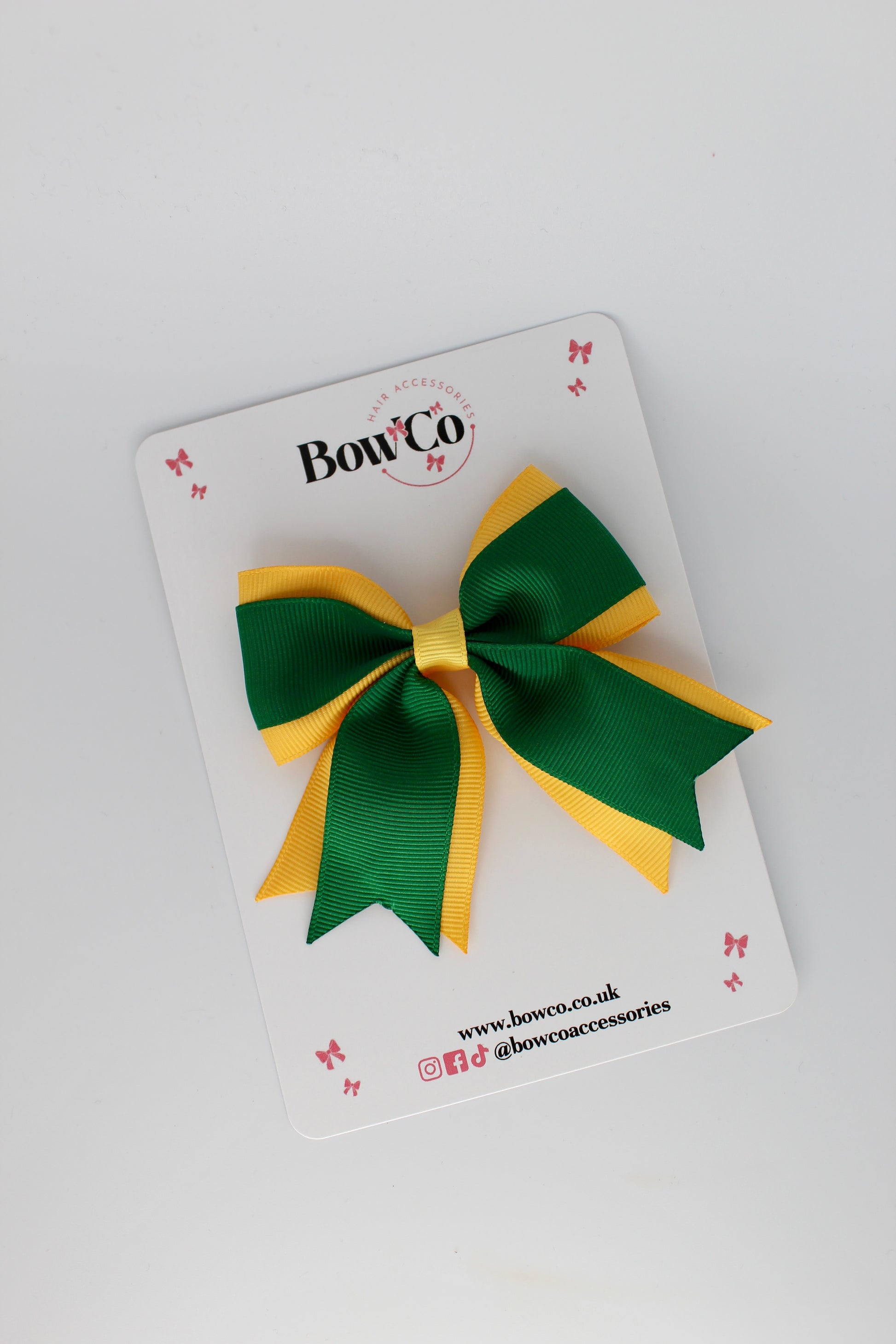 3 Inch Tail Bow Clip - Forest Green and Yellow Gold