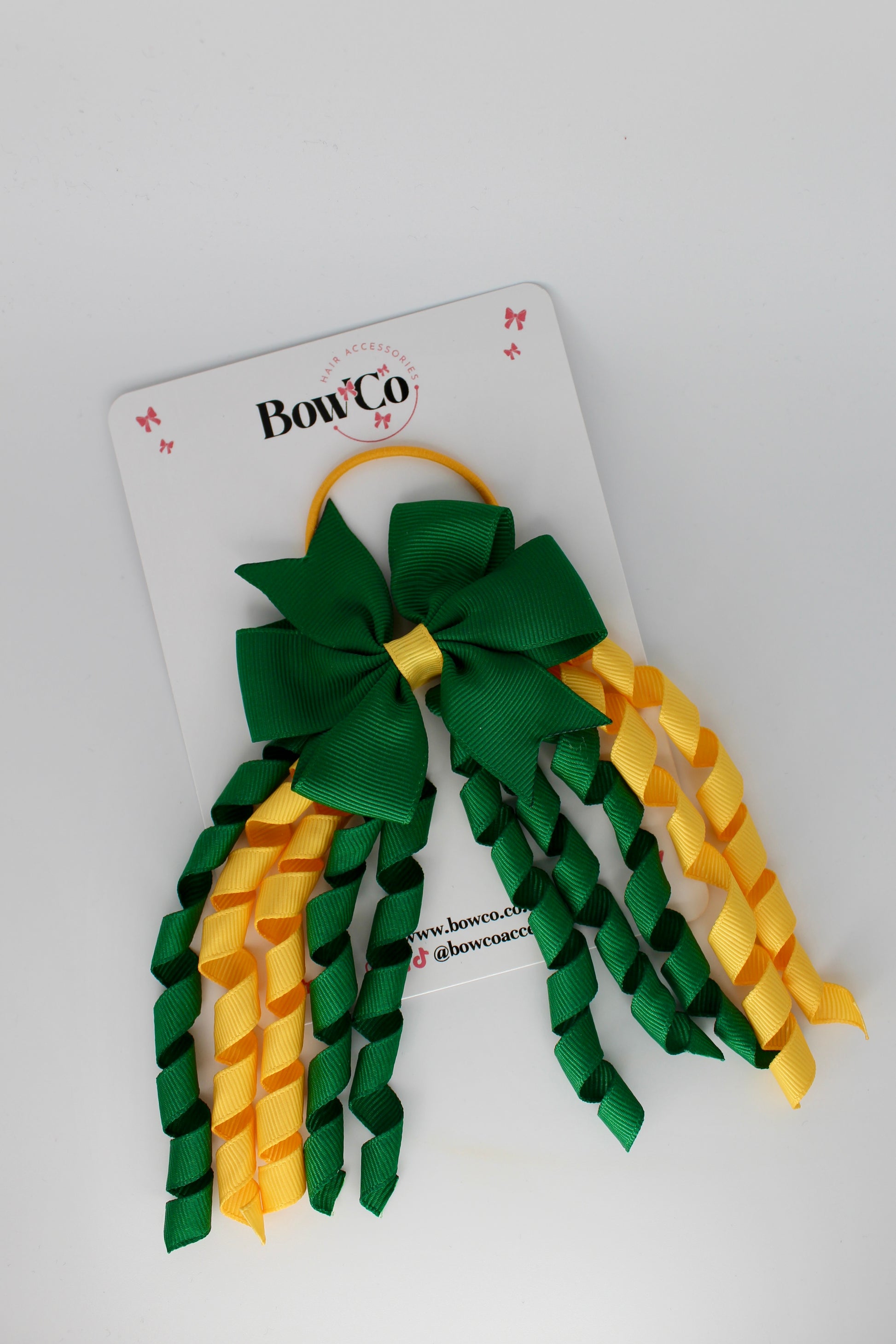 3 Inch Pinwheel Corker Bow - Elastic Bobble - Forest Green and Yellow Gold