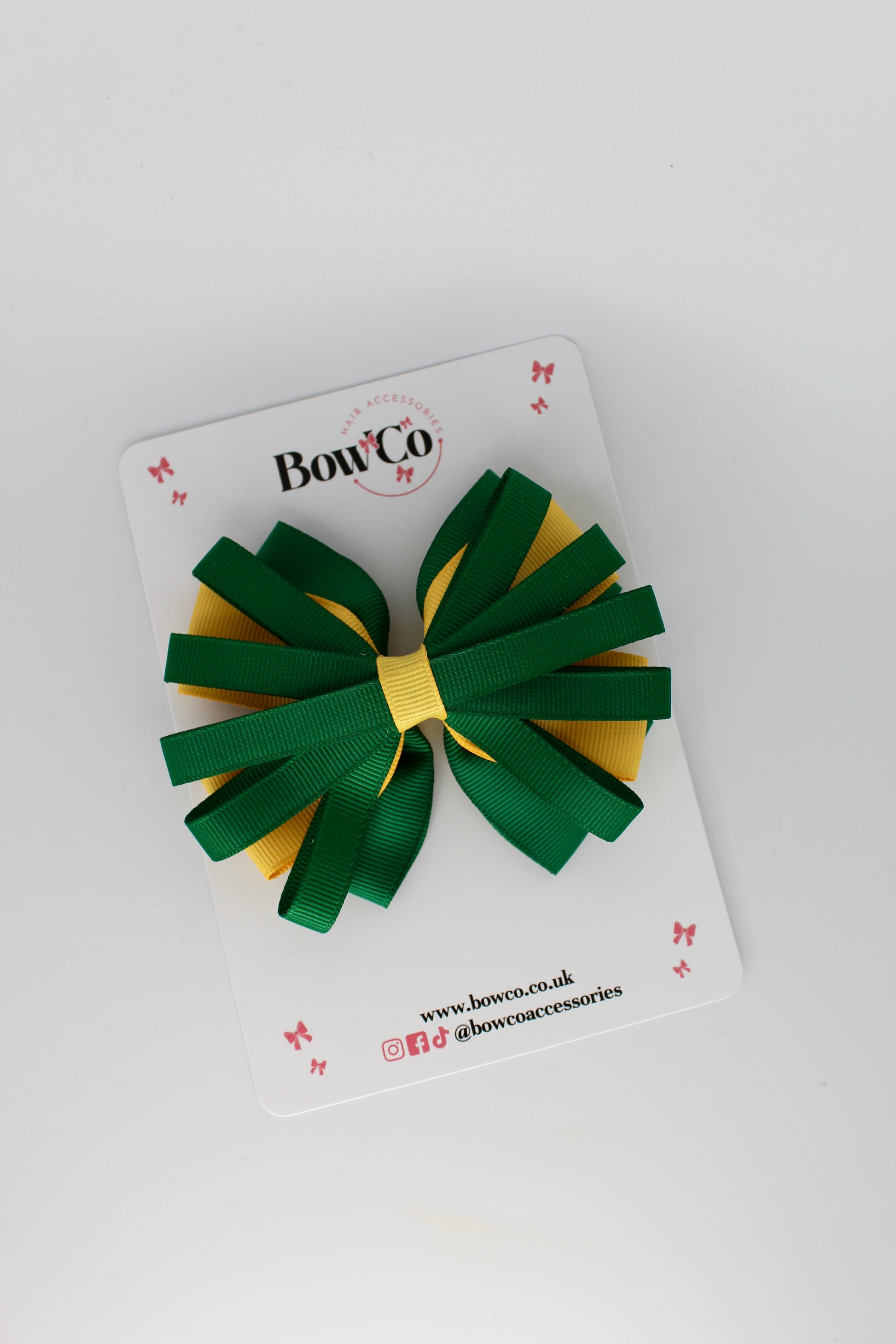4 Inch Spiral Bow - 4 Inches - Clip - Forest Green and Yellow Gold