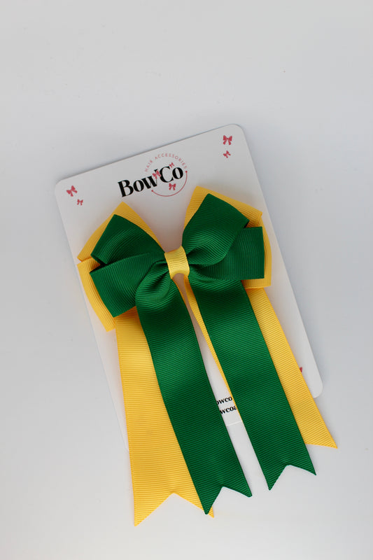 4.5 Inch Ponytail Large Double Tail Bow - Forest Green and Yellow Gold