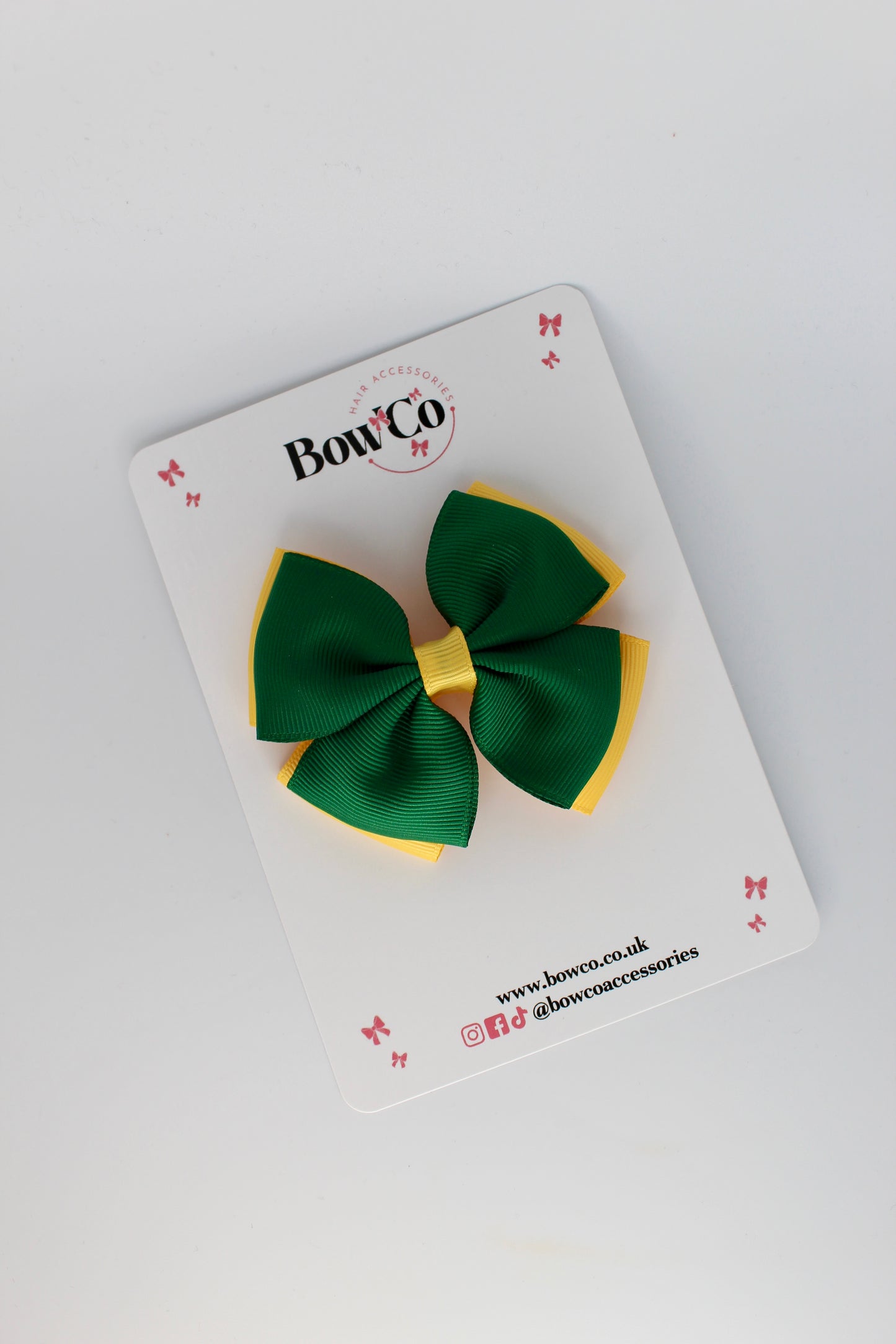 3 Inch Double Layer Bow - Clip - Forest Green and Yellow Gold