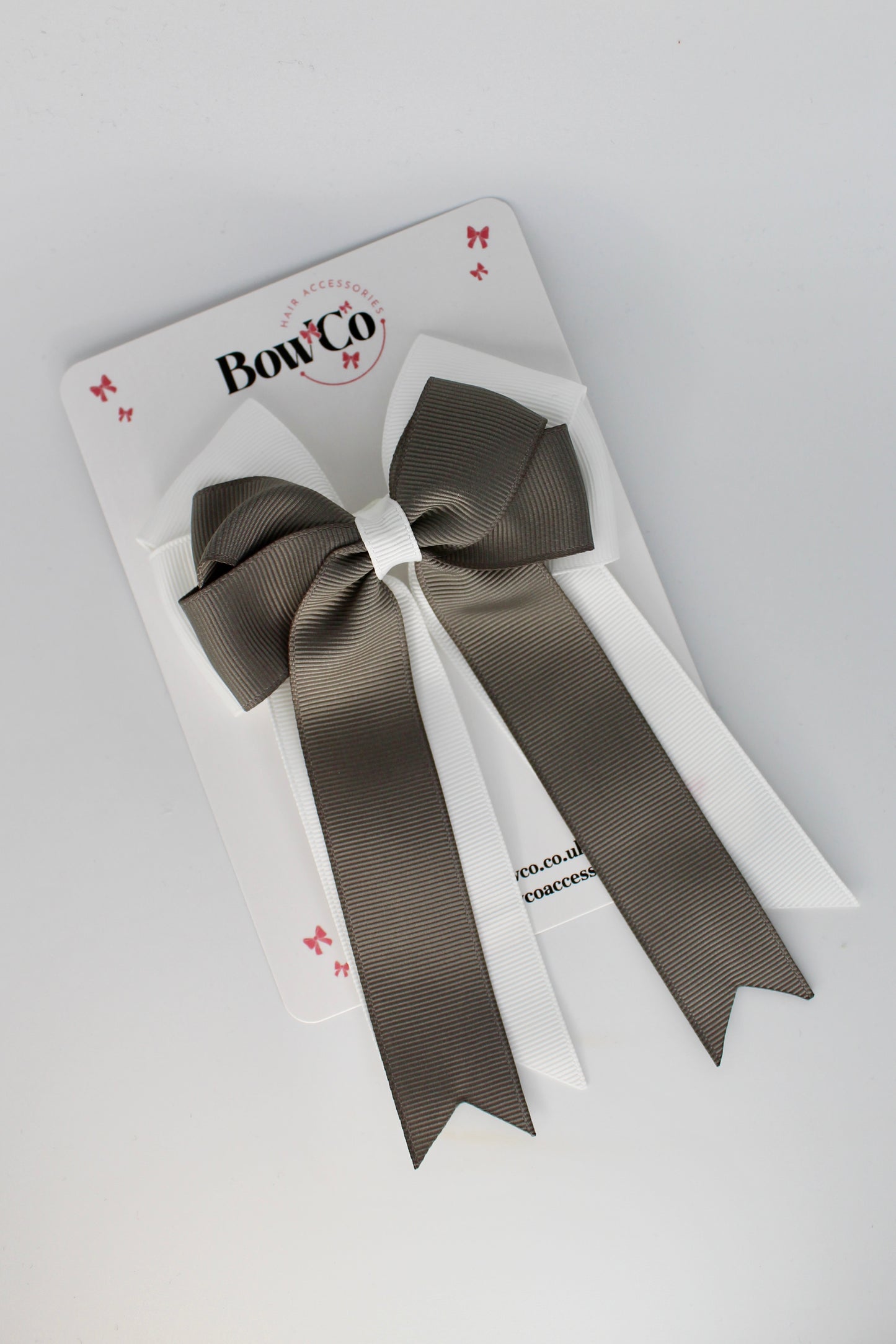 4.5 Inch Ponytail Large Double Tail Bow - Metal Grey and White