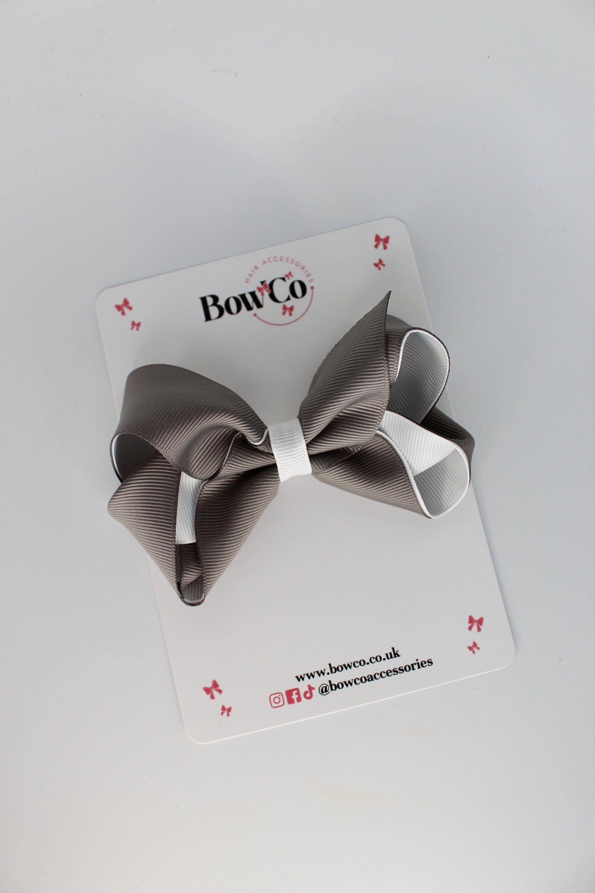 4 Inch Loop Bow - Clip - Metal Grey and White