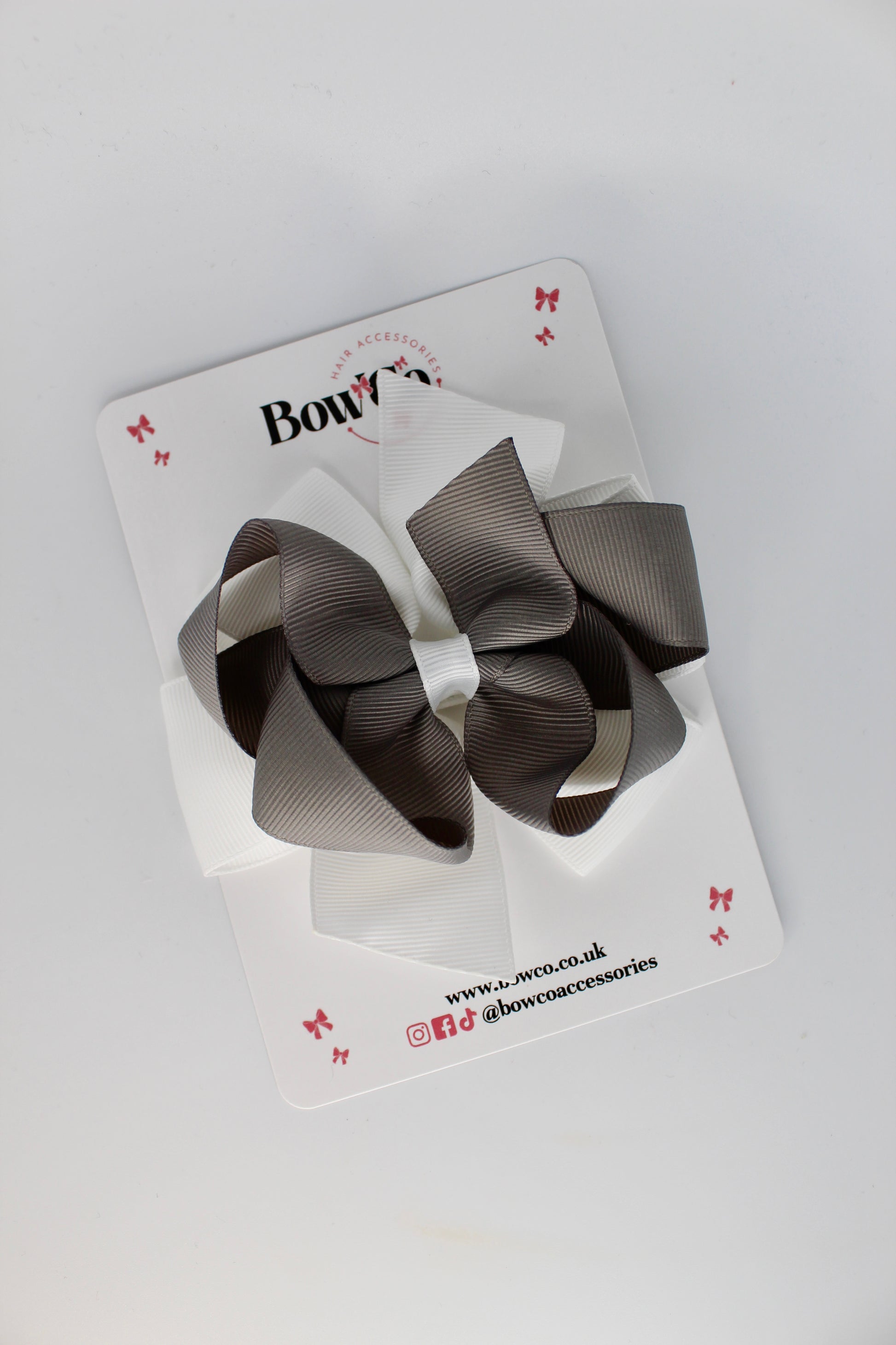 4.5 Inch Double Bow - Clip - Metal Grey and White