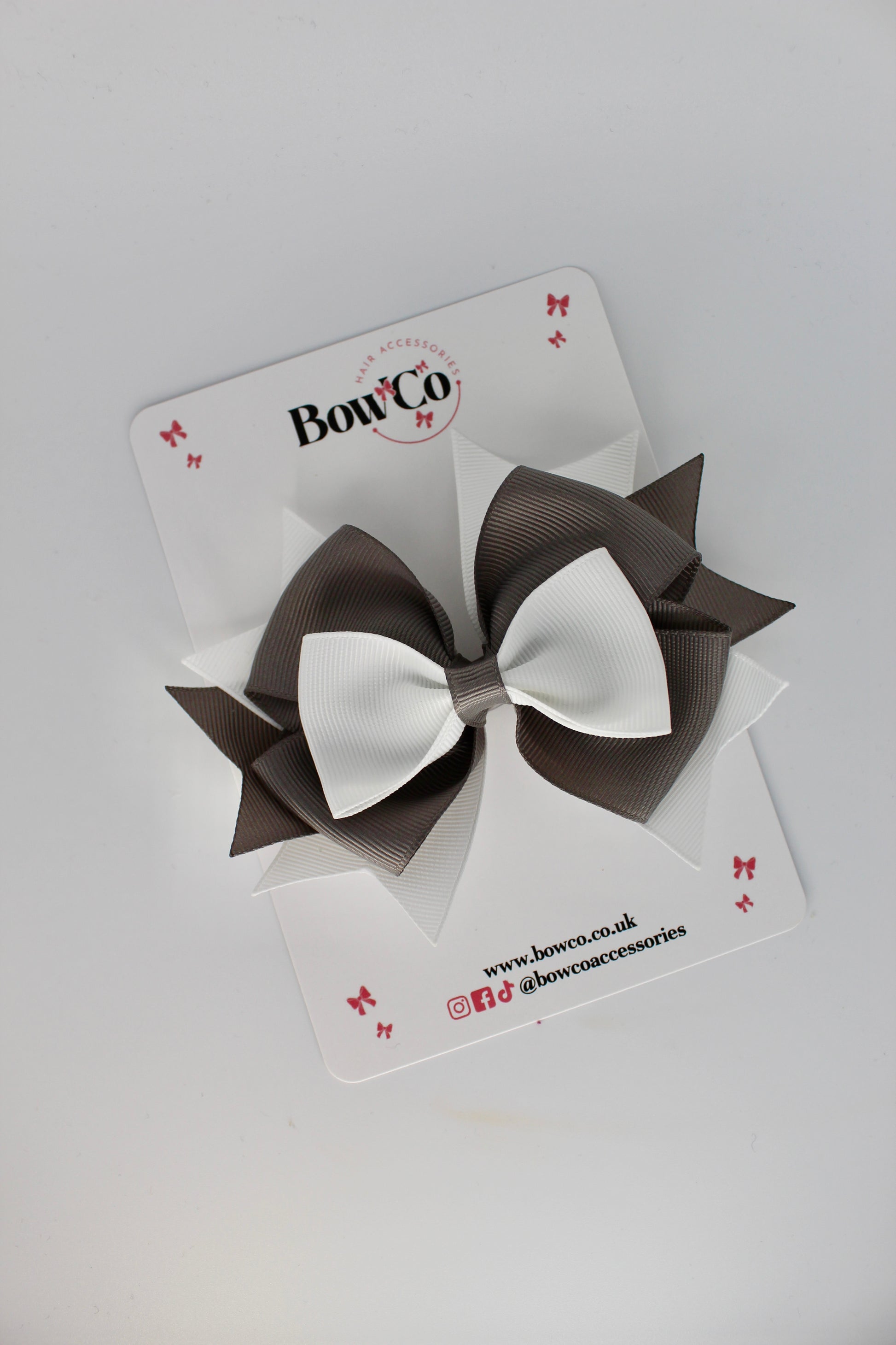 3.5 Inches Layer Bow - Clip - Metal Grey and White