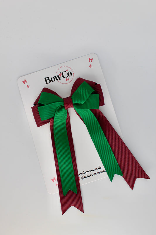 4.5 Inch Ponytail Double Bow - Forest Green and Burgundy