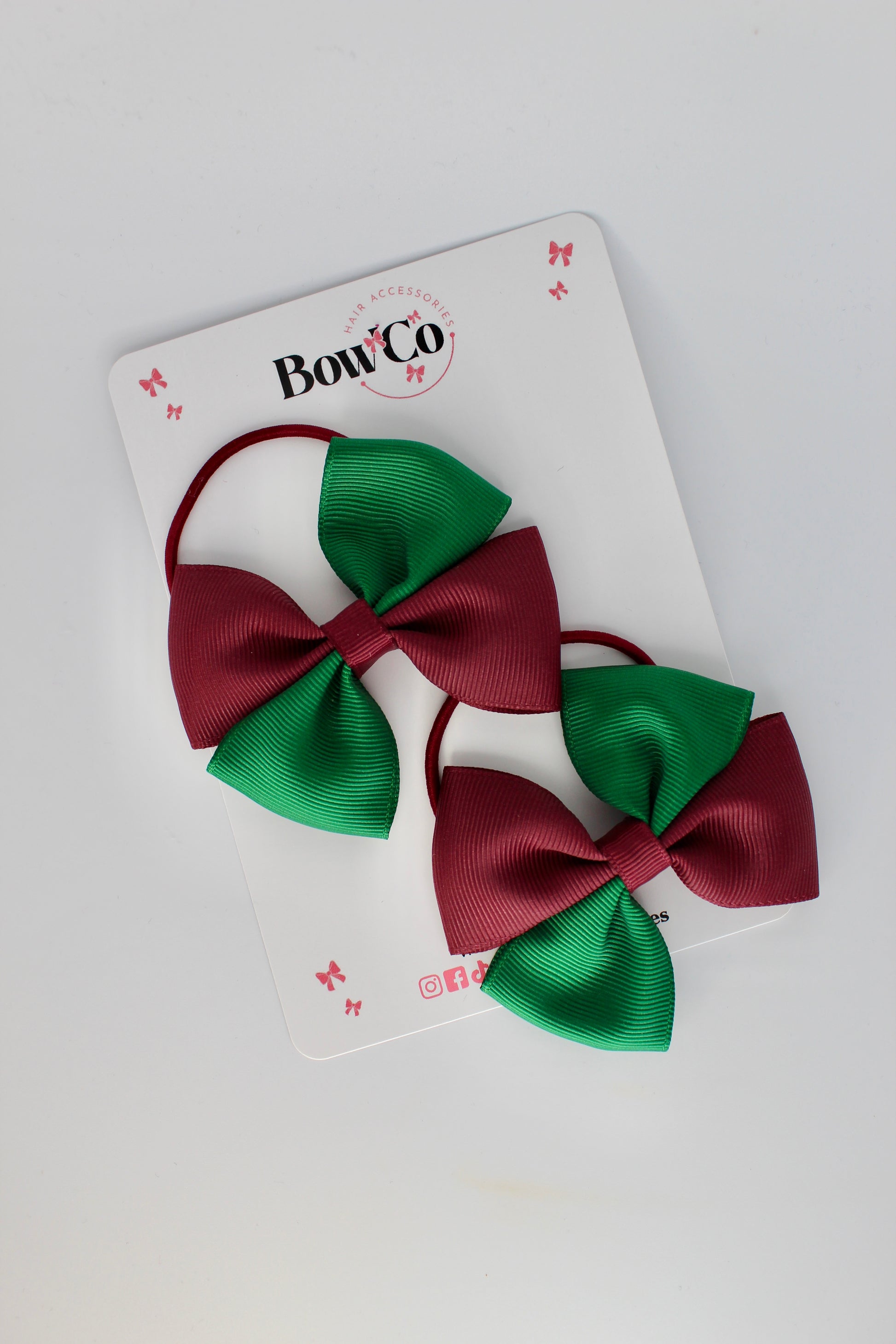 3 Inch Twist Bow - 2 Pack - Elastic Band - Forest Green and Burgundy