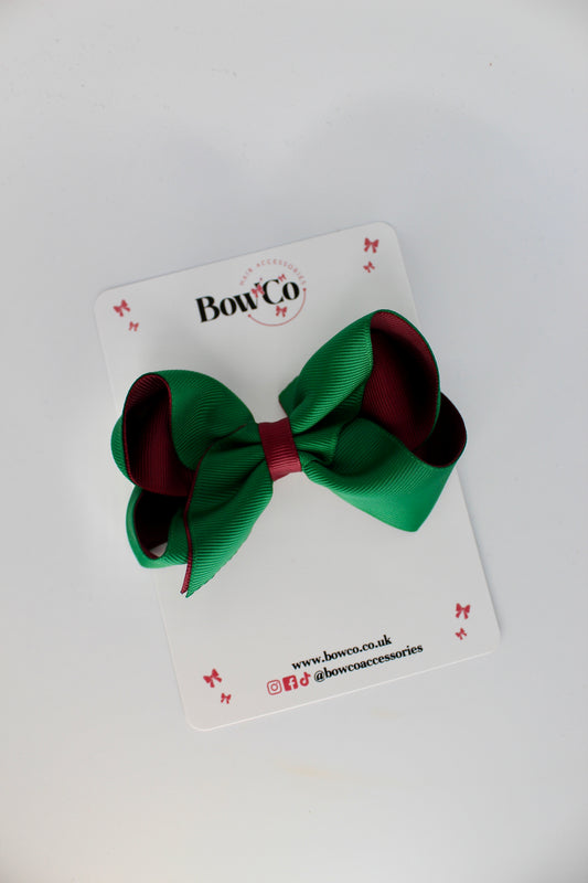 4 Inch Loop Bow - Clip - Forest Green and Burgundy