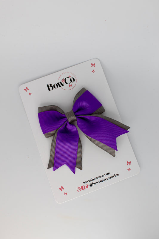 3 Inch Tail Bow Clip - Purple and Metal Grey