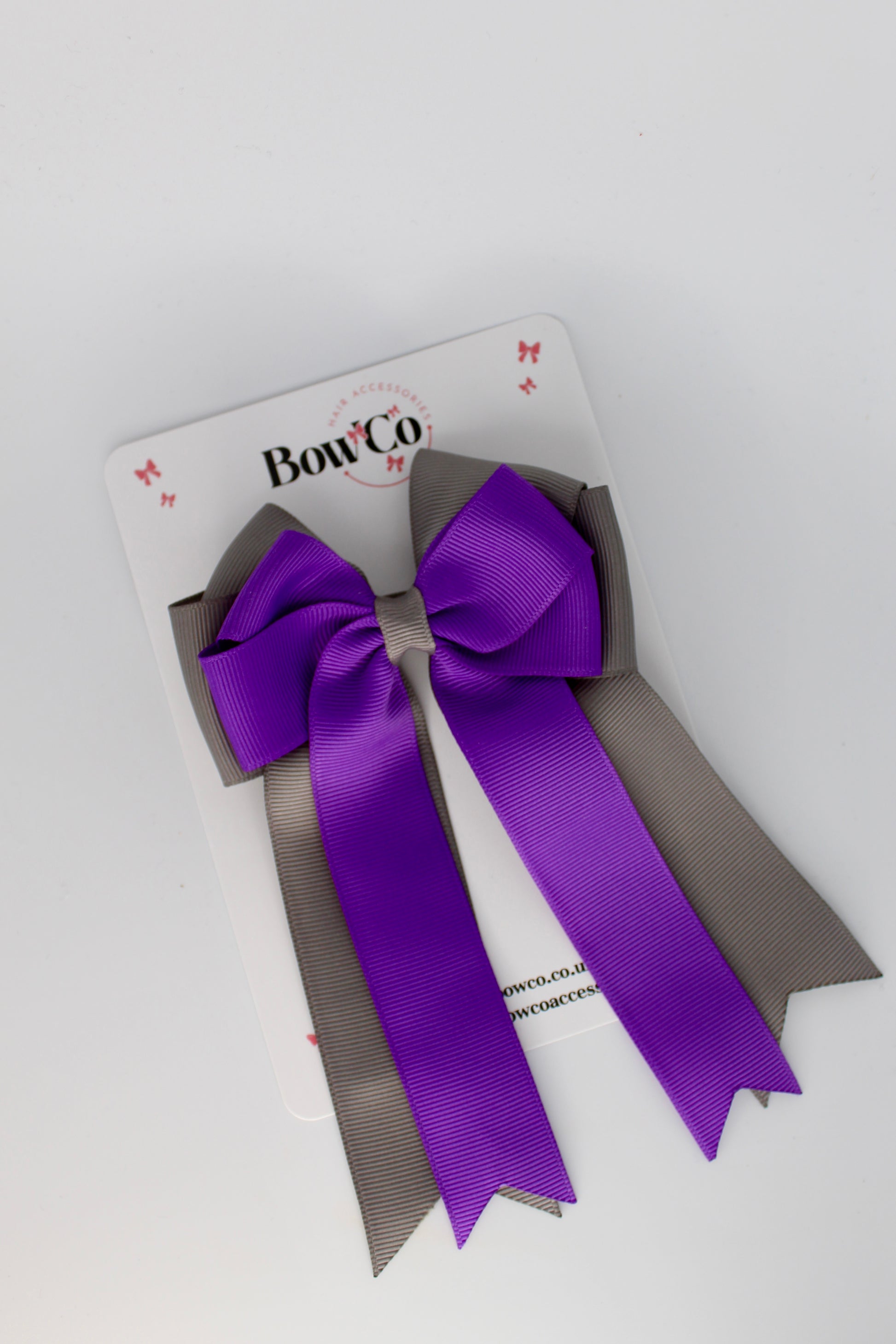 4.5 Inch Ponytail Large Double Tail Bow - Purple and Metal Grey
