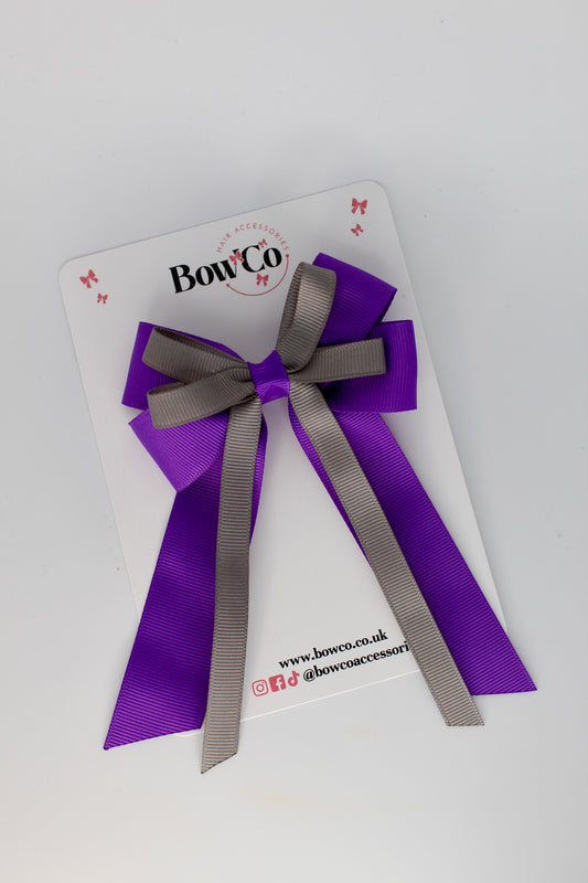 4 Inch Loop Bow Clip PonyTail - Purple and Metal Grey