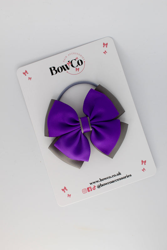 3 Inch Layer Edge Bow - Elastic Bobble - Purple and Metal Grey