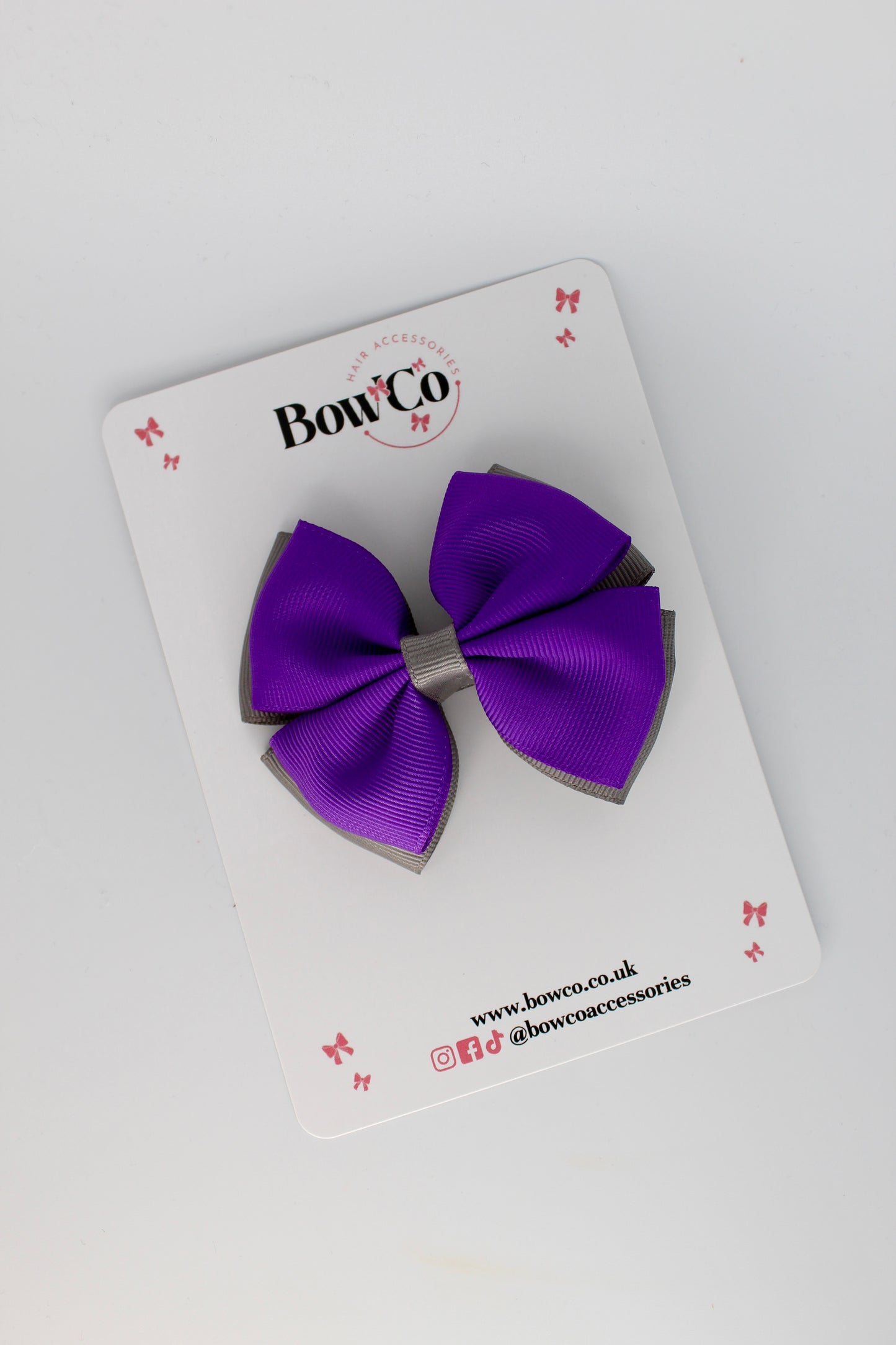 3 Inch Double Layer Bow - Clip - Purple and Metal Grey
