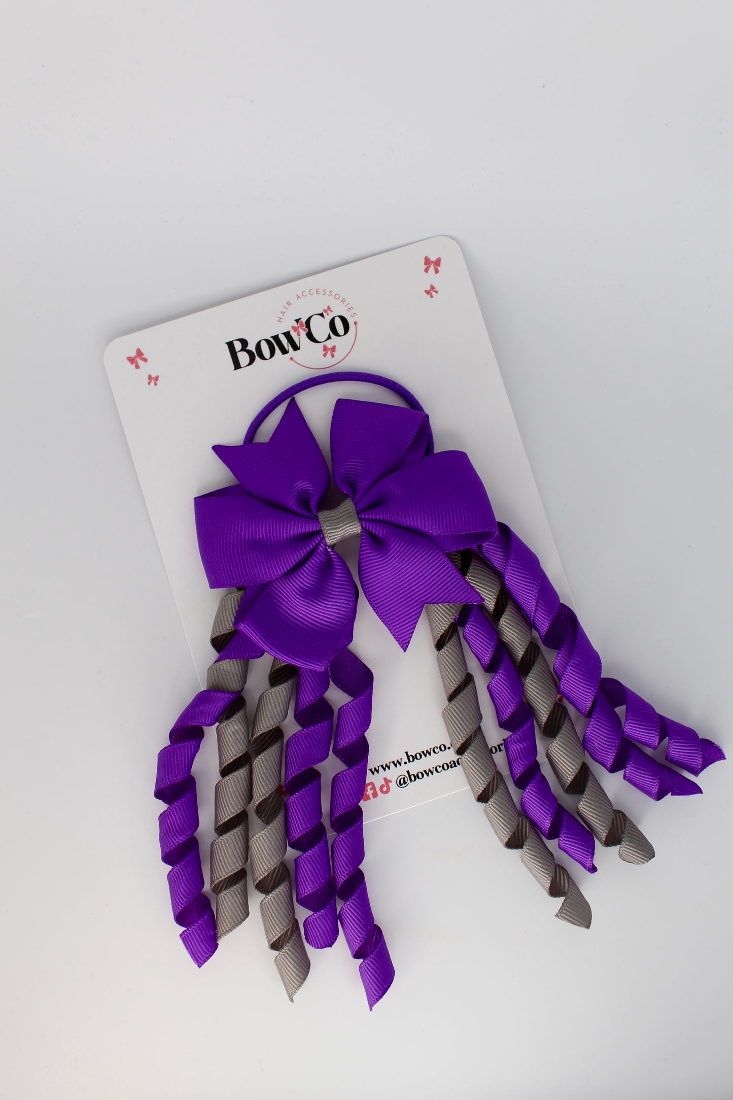 3 Inch Pinwheel Corker Bow - Elastic Bobble - Purple and Metal Grey