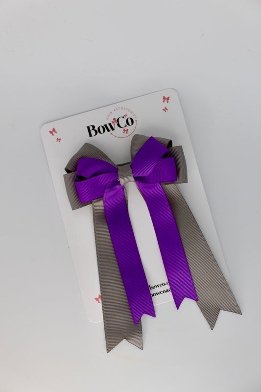 4.5 Inch Ponytail Double Bow - Purple and Metal Grey