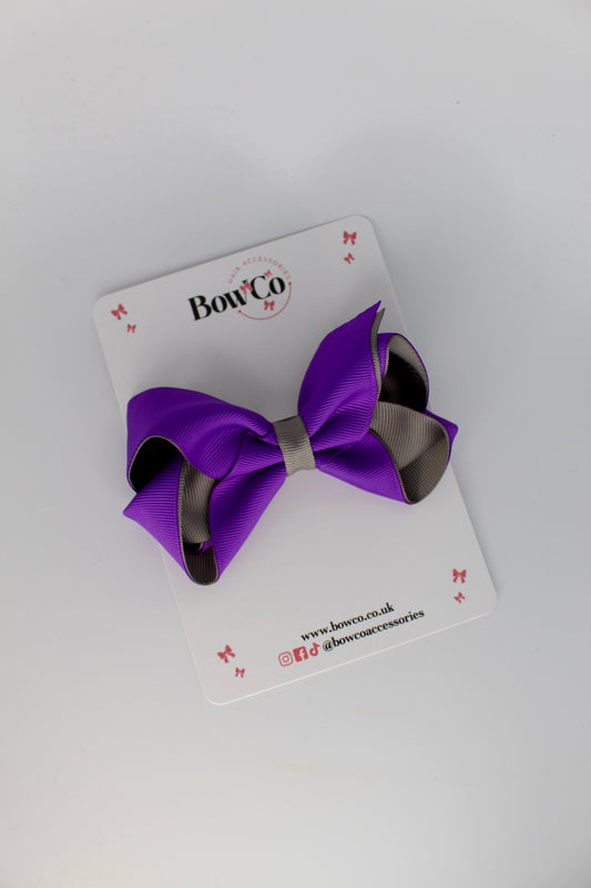 4 Inch Loop Bow - Clip - Purple and Metal Grey