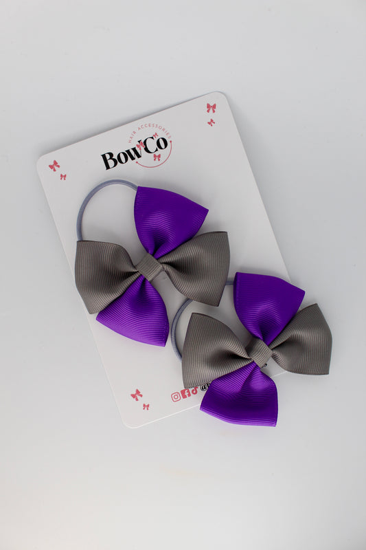 3 Inch Twist Bow - 2 Pack - Elastic Band - Purple and Metal Grey