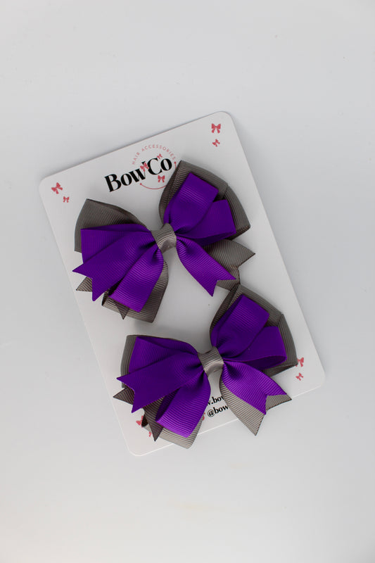 Purple and Grey - Double Tail Bow Set - Clip