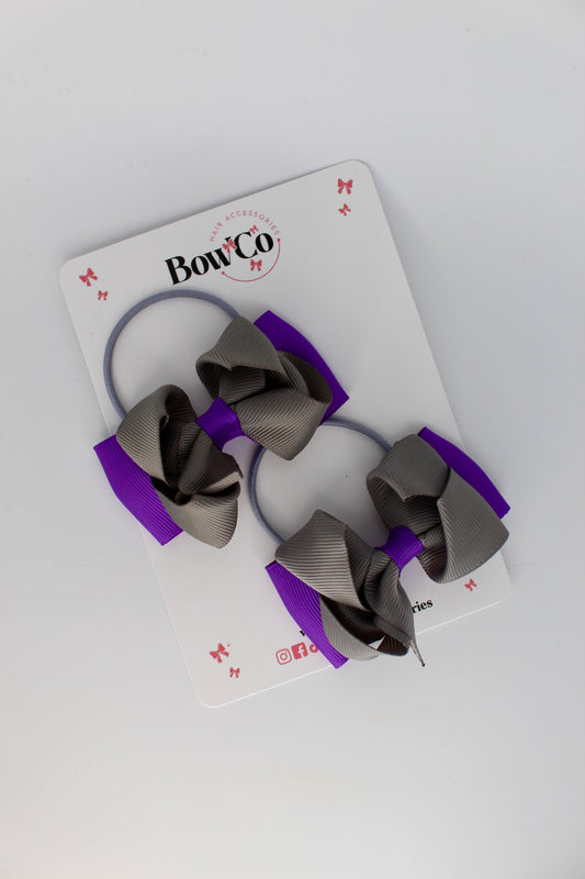 3 Inch Ruffle Bow - Elastic - 2 Pack - Purple and Metal Grey