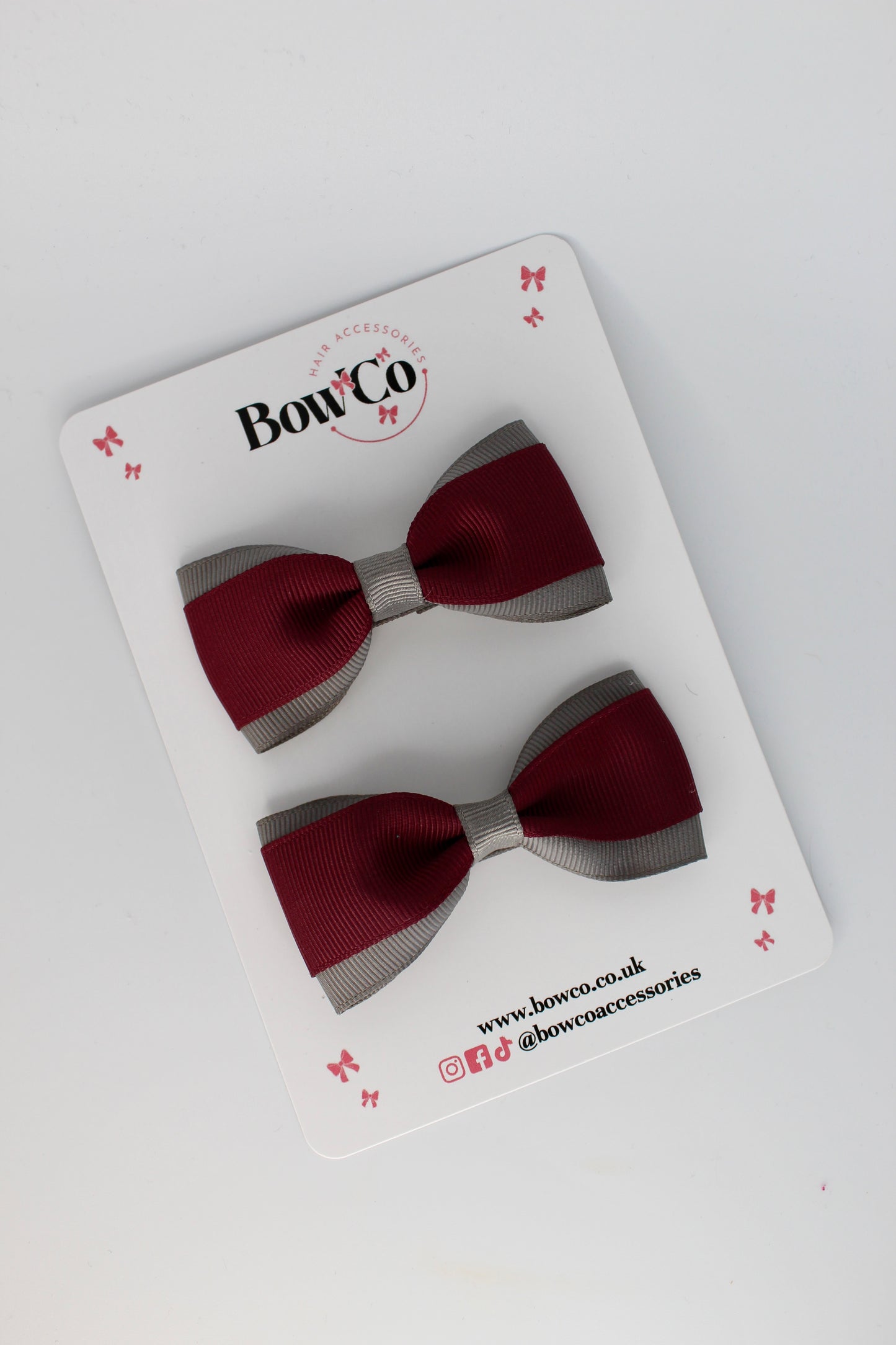 3 Inch Tuxedo Bow - Clip - 2 Pack - Burgundy and Metal Grey