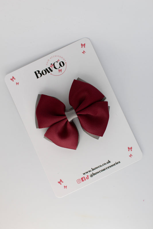 3 Inch Double Layer Bow - Clip - Burgundy and Metal Grey