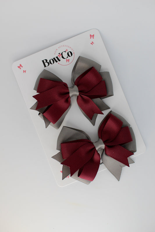 Double Tail Bow Set - Clip - Burgundy and Metal Grey