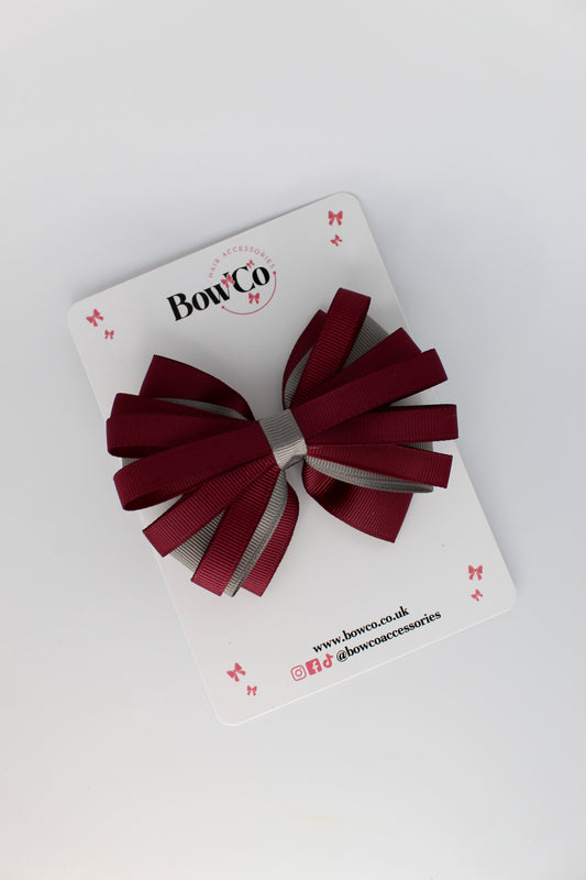4 Inch Spiral Bow - 4 Inches - Clip - Burgundy and Metal Grey