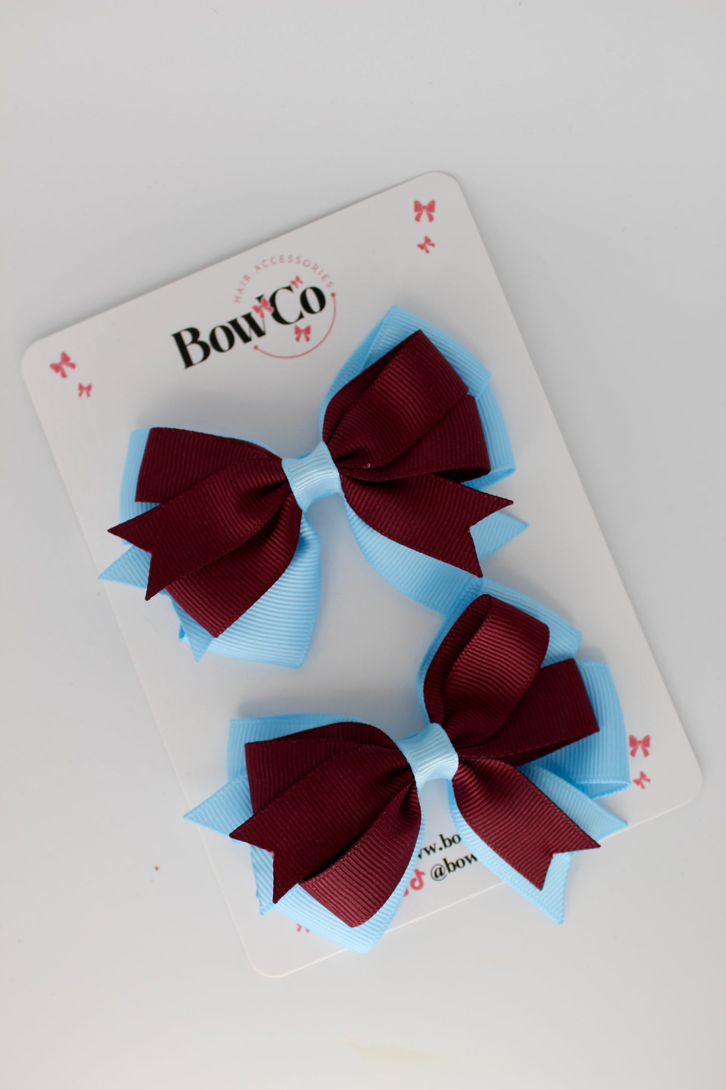 Double Tail Bow Set - Clip - Burgundy and Blue Topaz