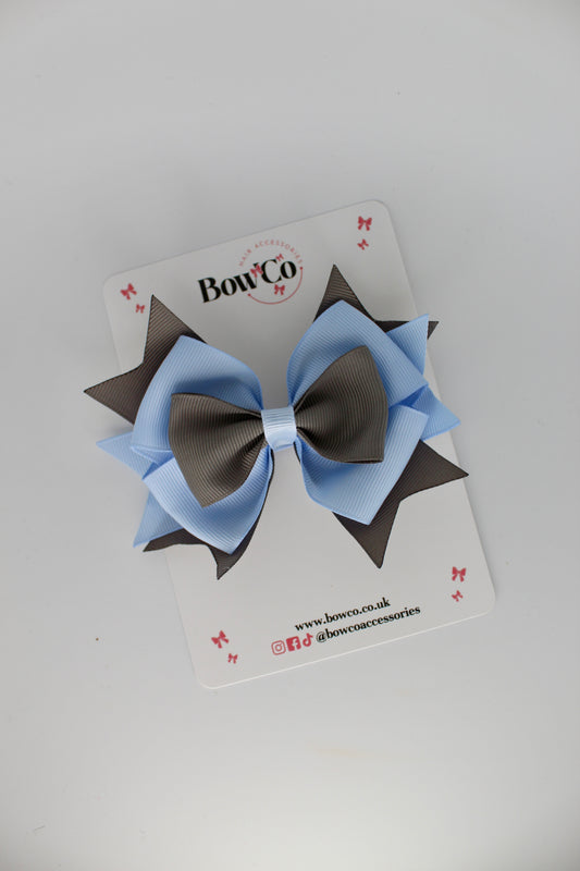 3.5 Inches Layer Bow - Clip - Bluebell and Metal Grey